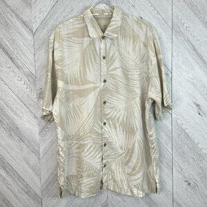Tommy Bahama Shirt Mens Size XL Cream Beige Palm Print 100% Linen Short Sleeve